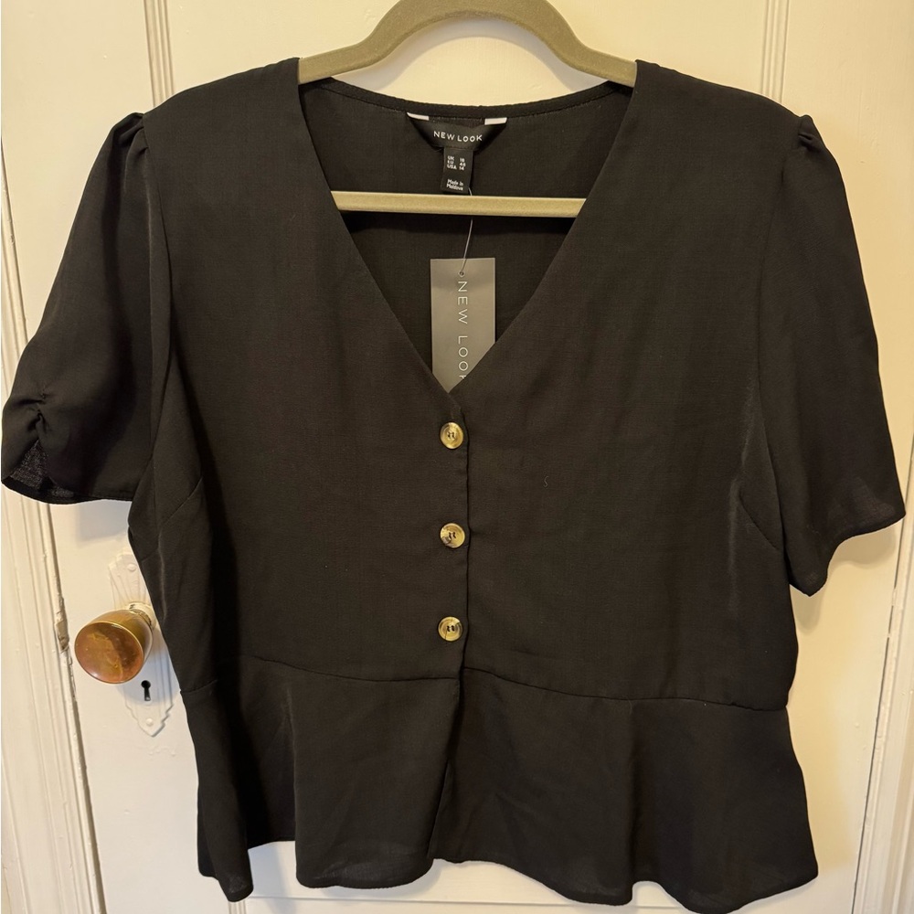New Look Black and Gold Peplum Blouse with Puff Sleeves